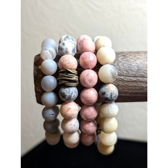 Lot of Four Pink Gray Yellow Stone Bead Stretch Bracelets - Picture 5 of 5